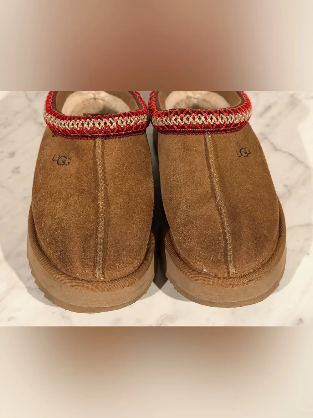UGG Tazz II Kids Size 13 Cherry Platform Slipper Mule Red Gold Braid - Picture 5 of 10